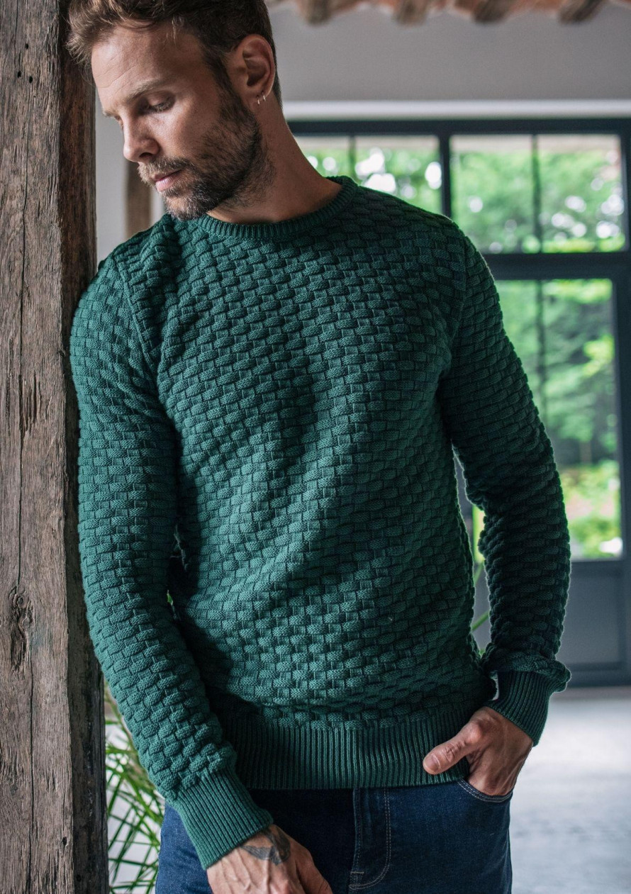 Pull maille fantaisie DAMIER vert made in France 100% coton biologique