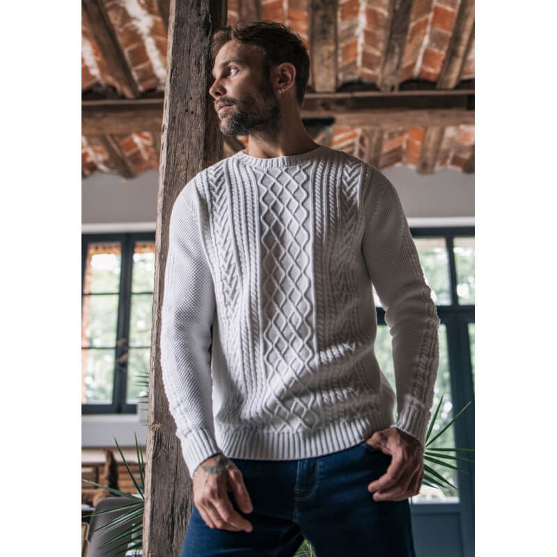 Pull maille fantaisie homme VERITABLE ecru made in France 100% en