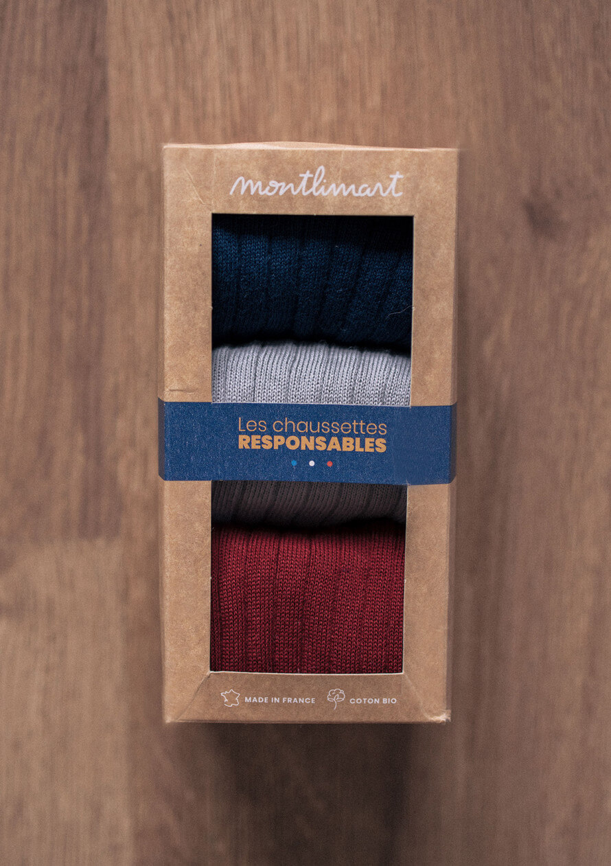 Coffret chaussettes côtelées marine/gris/bordeaux made in France coton bio  - Montlimart